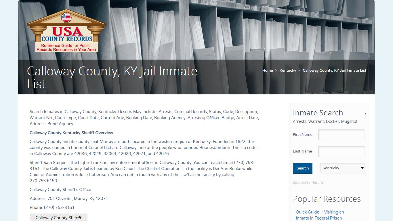 Calloway County, KY Jail Inmate List | Name Search